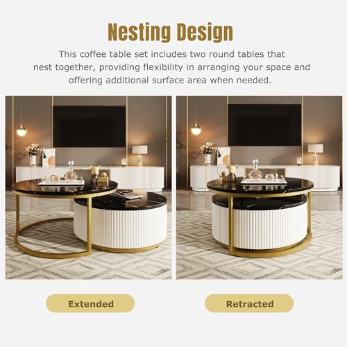 White Gold Round Nesting Coffee Table with Drawer F12299