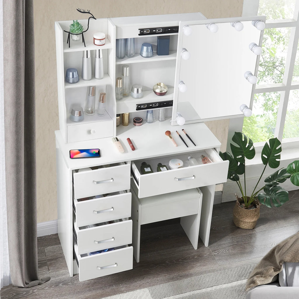 White Vanity Desk with LED Lighted Sliding Mirror and Stool T653275