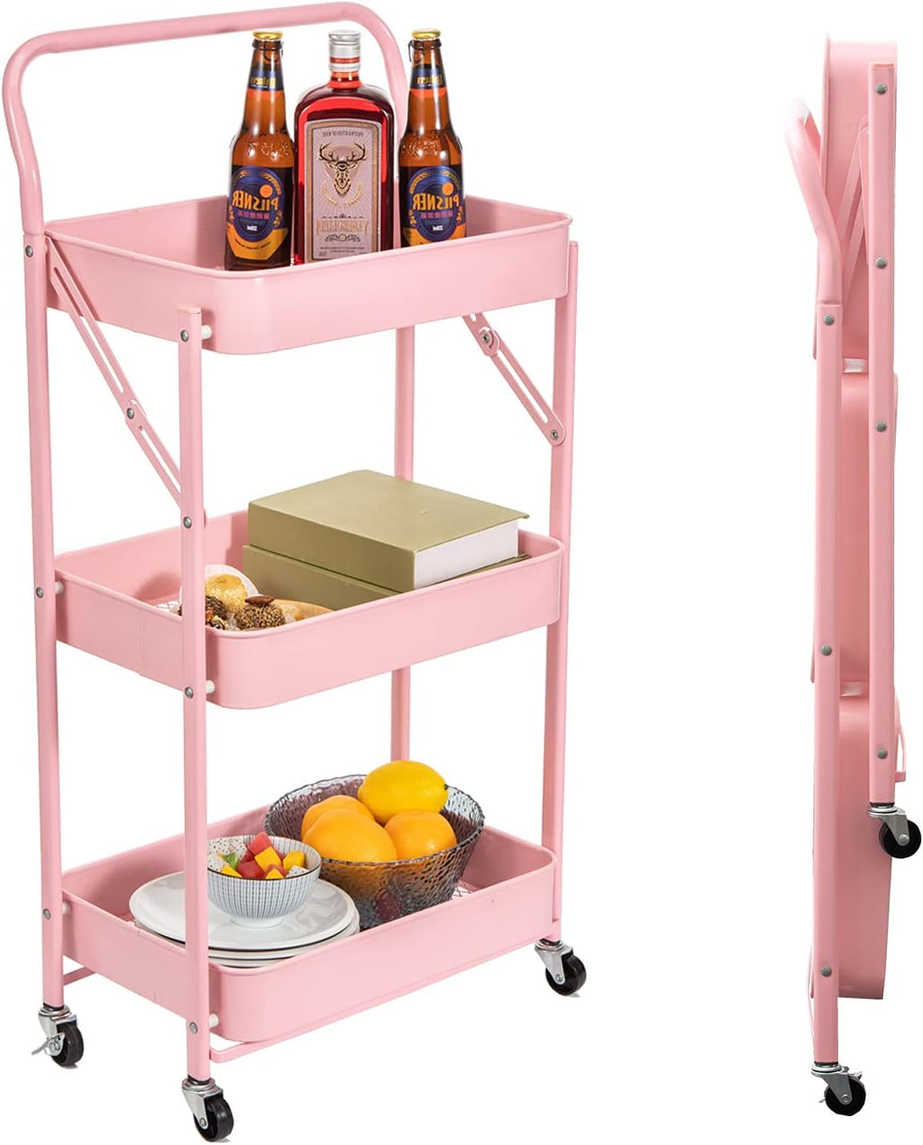 3 Tier Foldable Metal Rolling Cart with Handle and Wheels T511
