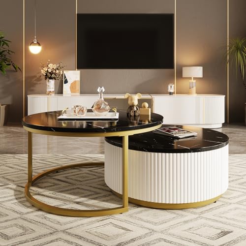 White Gold Round Nesting Coffee Table with Drawer F12299