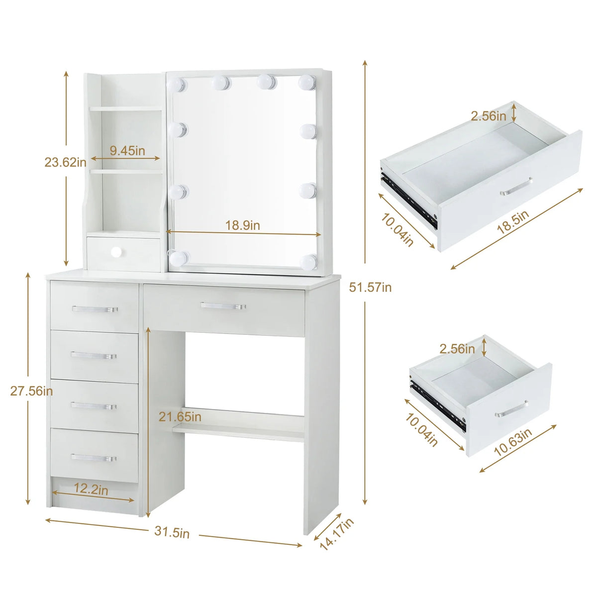 White Vanity Desk with LED Lighted Sliding Mirror and Stool T653275