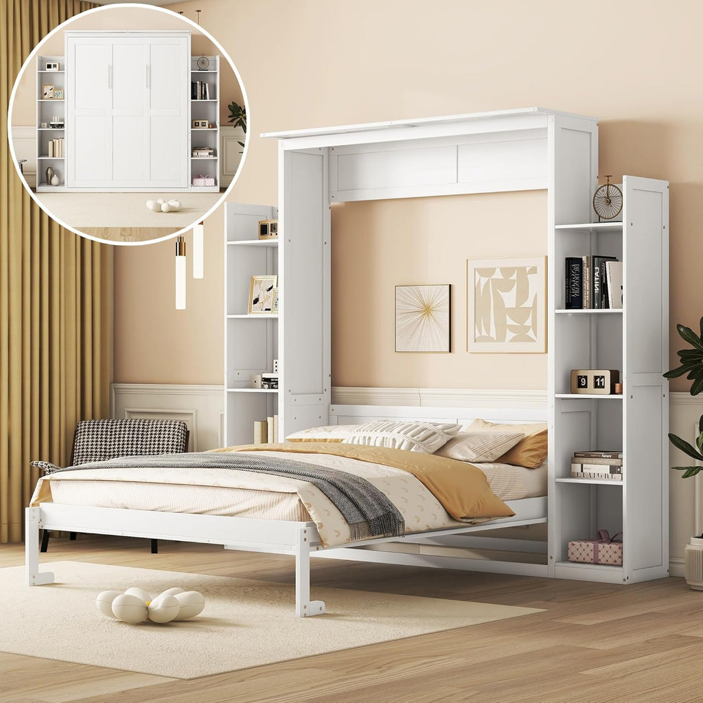 White Queen Size Wooden Murphy Bed with Shelves and LED Lights Q466