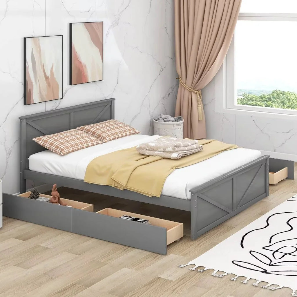 Queen Size White Wooden Platform Bed with 4 Storage Drawers Q94327