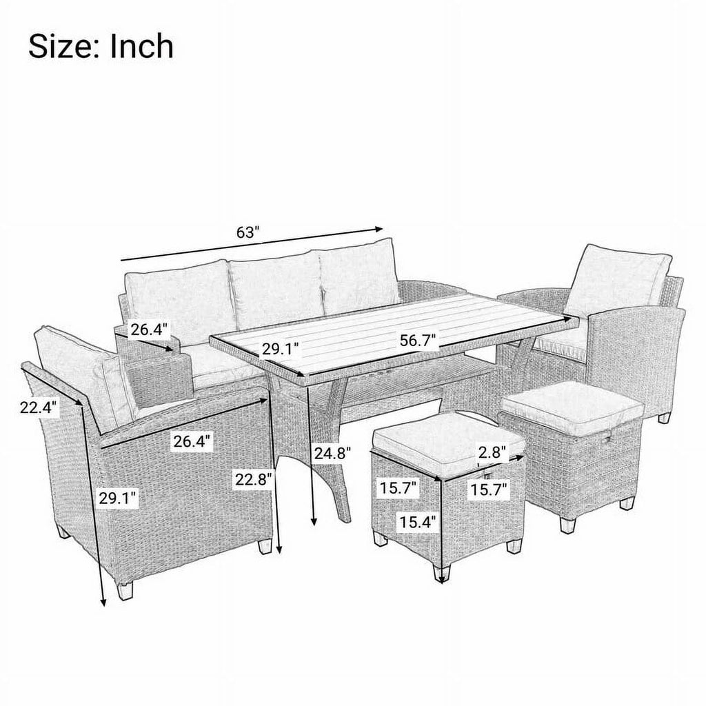 Brown 6 Person Seating Group Dining Set with Cushions F2081