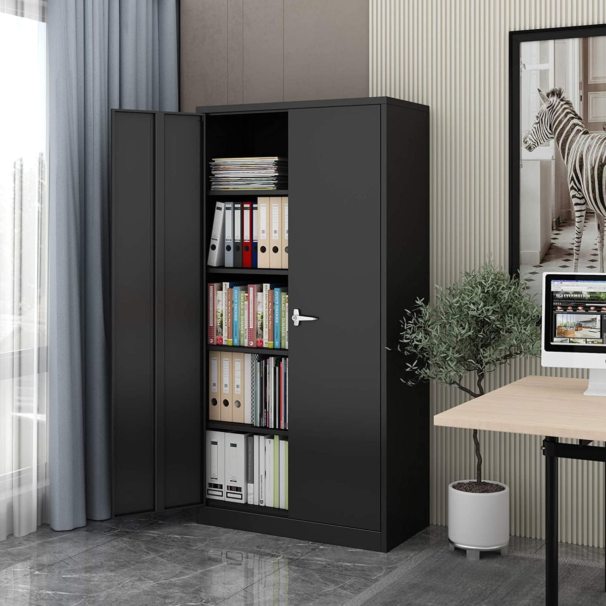 Black Lockable Metal Storage Cabinet with 4 Adjustable Shelves V300656