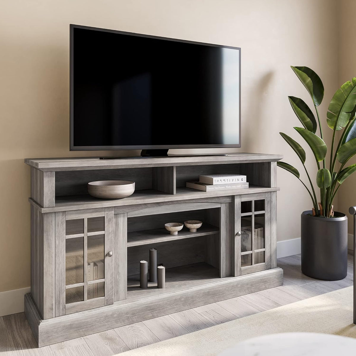 Rustic Wood TV Stand with Open Storage Shelves and Cabinets L104