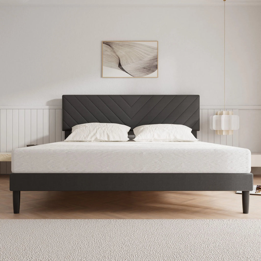 Grey Upholstered Queen Size Platform Bed Frame with Adjustable Headboard Y645437