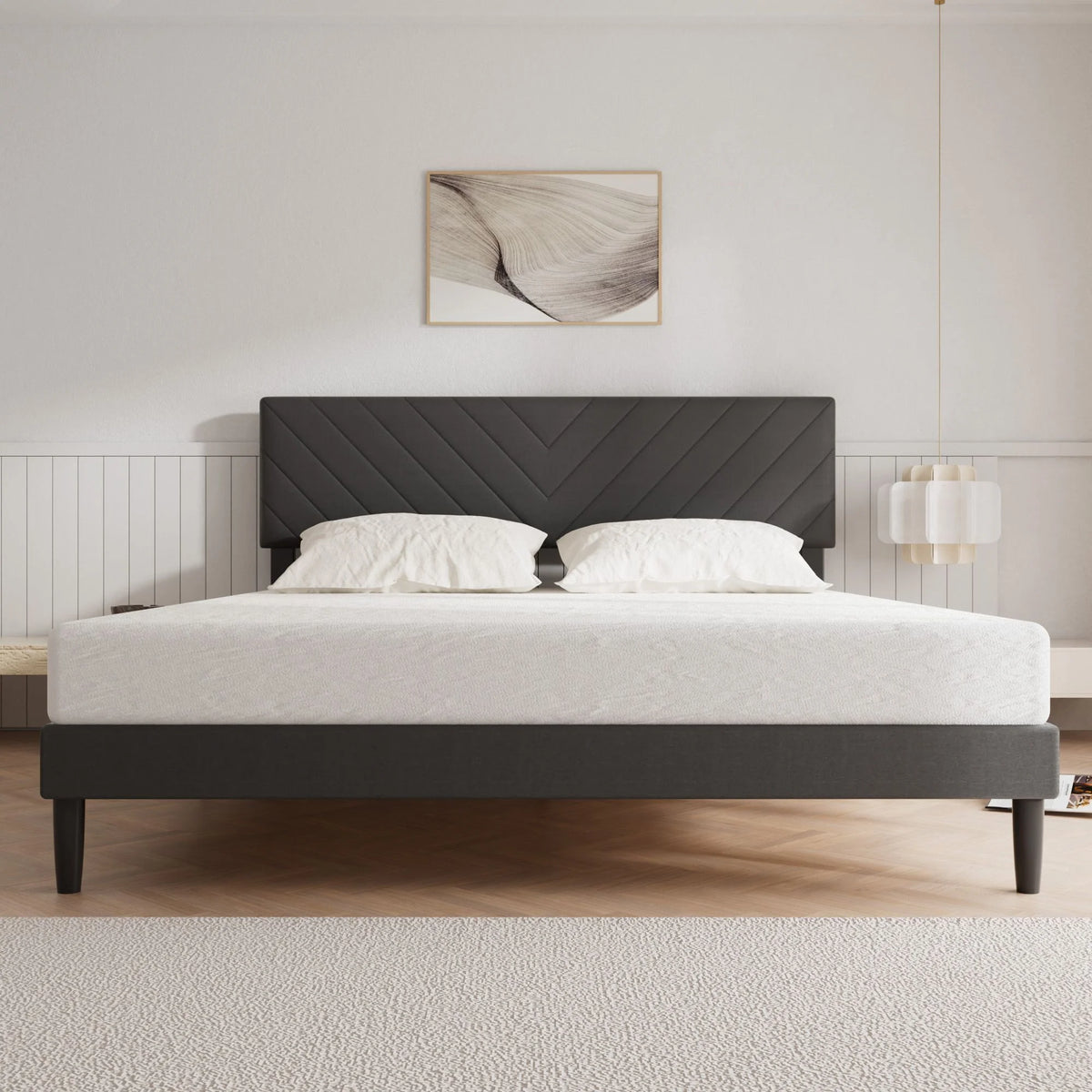 Grey Upholstered Queen Size Platform Bed Frame with Adjustable Headboard Y645437