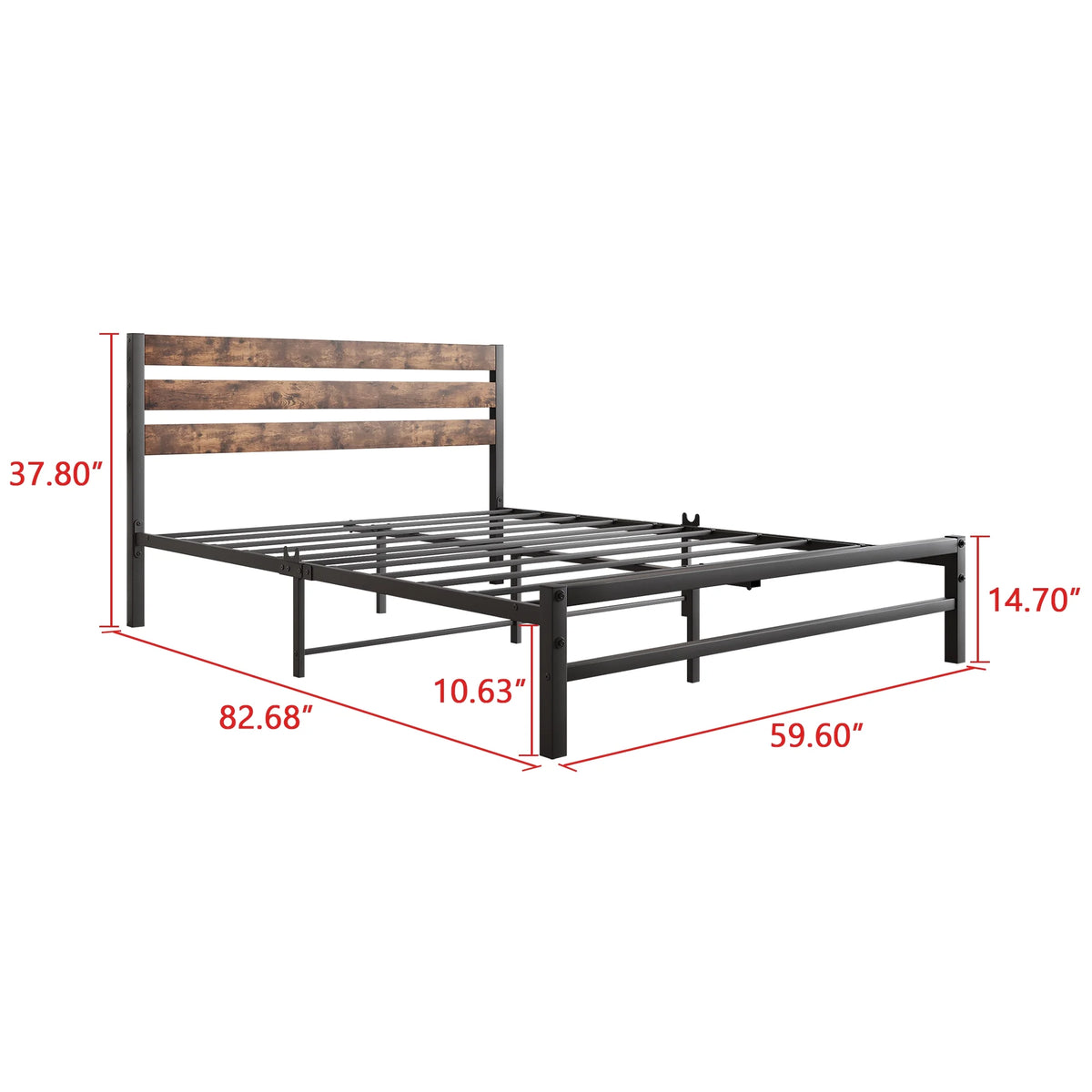 Queen Size Platform Bed Frame with Wood Headboard and Metal Slats V27302
