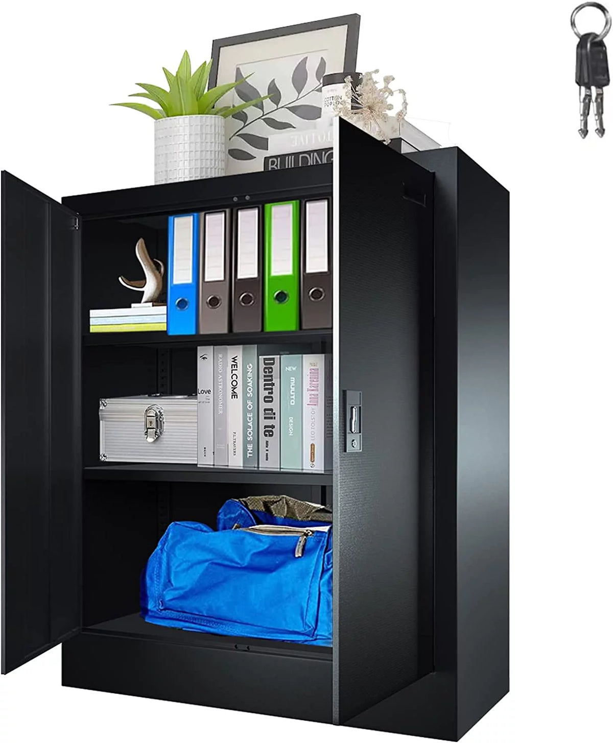 42-Inch Black Lockable Metal Storage Cabinet with Doors & 2 Adjustable Shelves W462