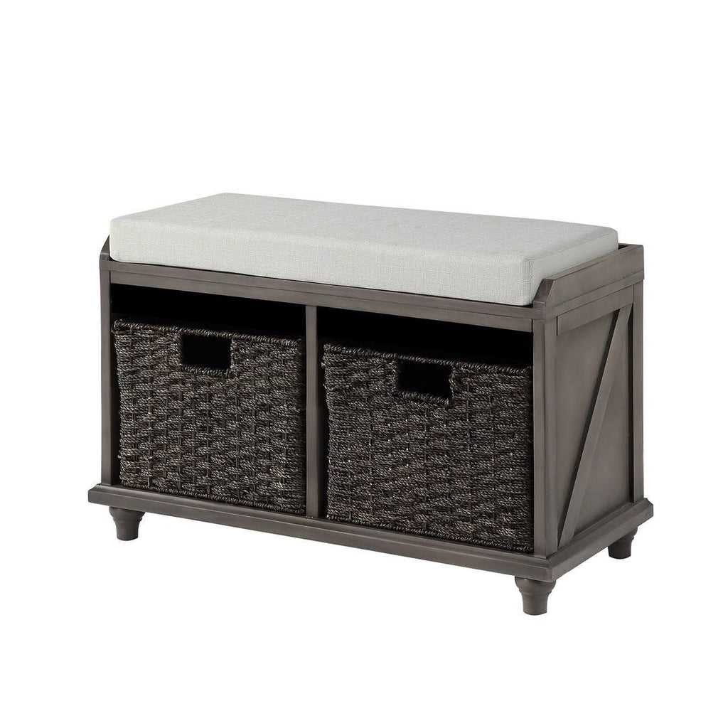 White Wood Storage Bench with 2 Woven Baskets F27569