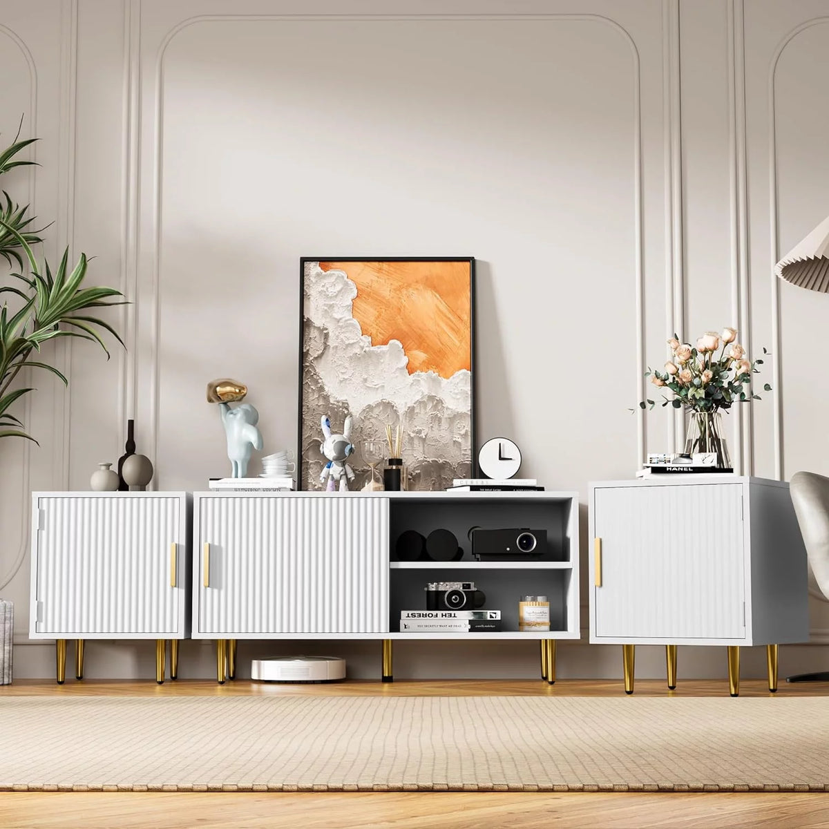 White TV Stand with Storage Cabinet Y850