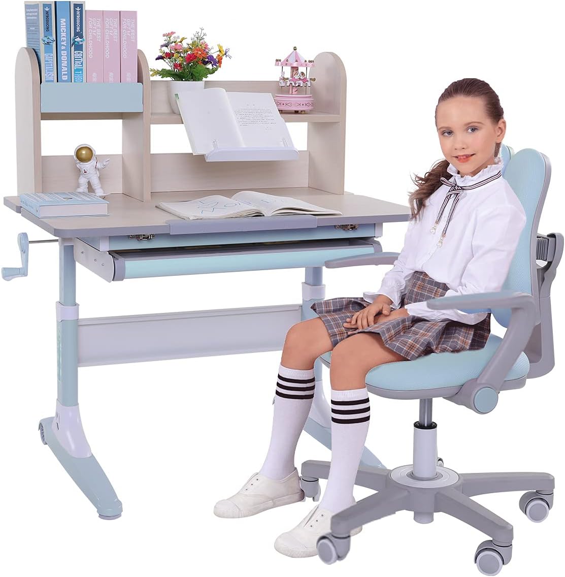 Pink Height Adjustable Ergonomic Kids Study Desk and Chair Set with Drawer and Bookshelf X47310