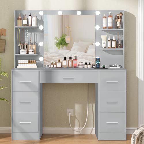 Large White Vanity Desk with Lighted Mirror and Power Outlet P130