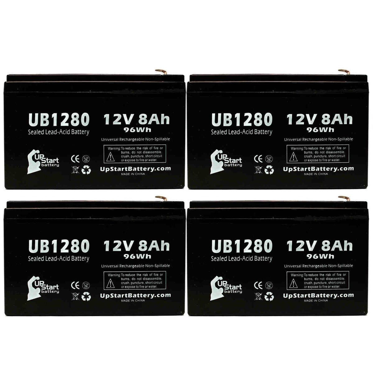 4x Pack Sealed Lead Acid Battery (12V, 8Ah, 8000mAh, F1 Terminal, AGM) with 8 F1 to F2 Terminal Adapters J21692