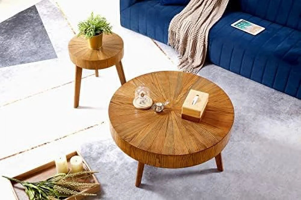 Set of 2 Round Solid Natural Oak Wood End Tables A4522