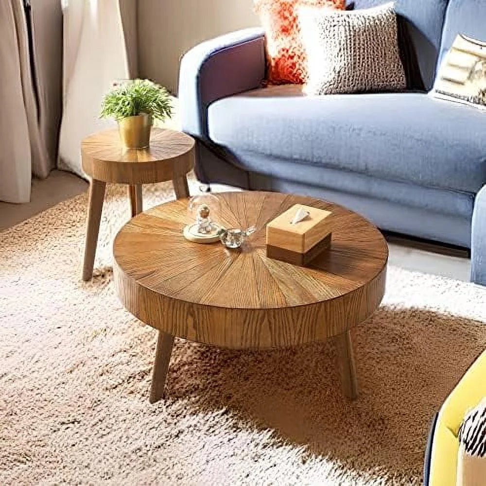Set of 2 Round Solid Natural Oak Wood End Tables A4522