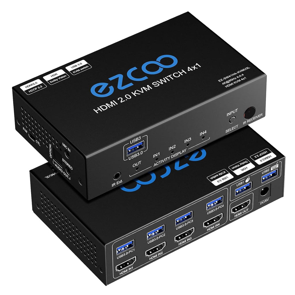 4-Port USB 3.0 KVM Switch HDMI 4K 60Hz with USB Peripheral Hub and IR Remote A8611