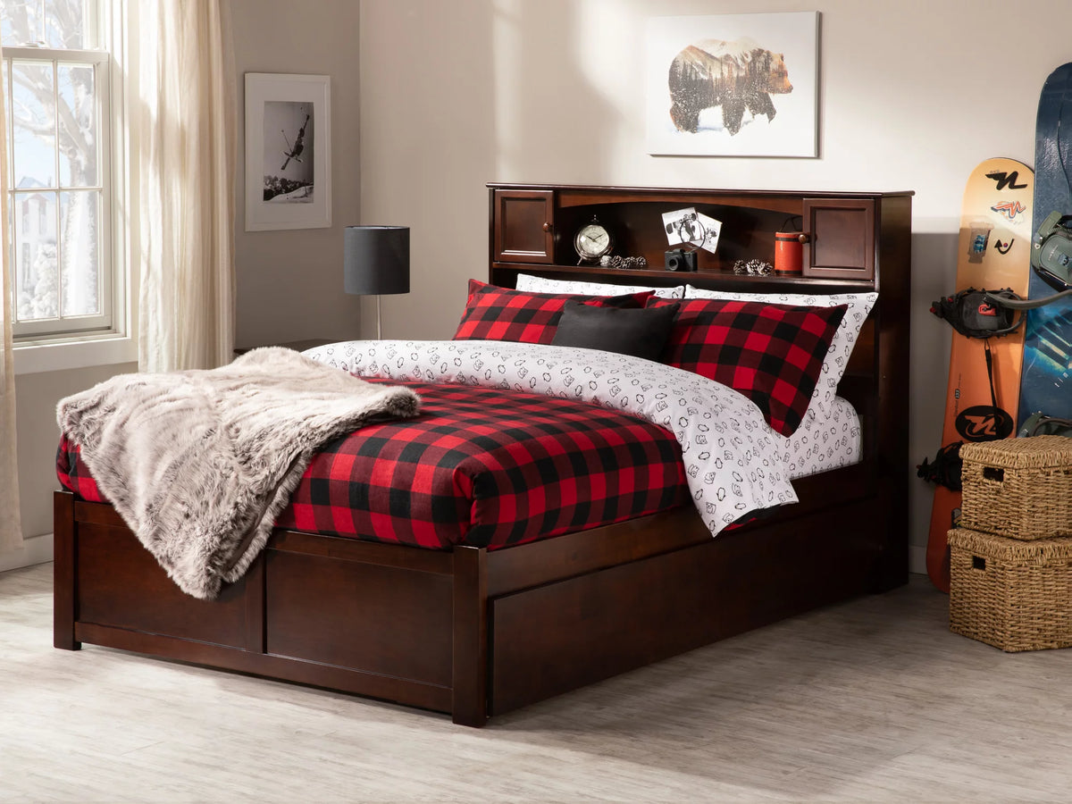 Full Solid Wood Platform Bed with Footboard & Trundle in Walnut H999616