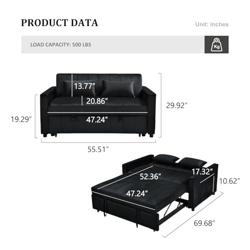 Black Velvet Convertible Sleeper Sofa Bed W344838