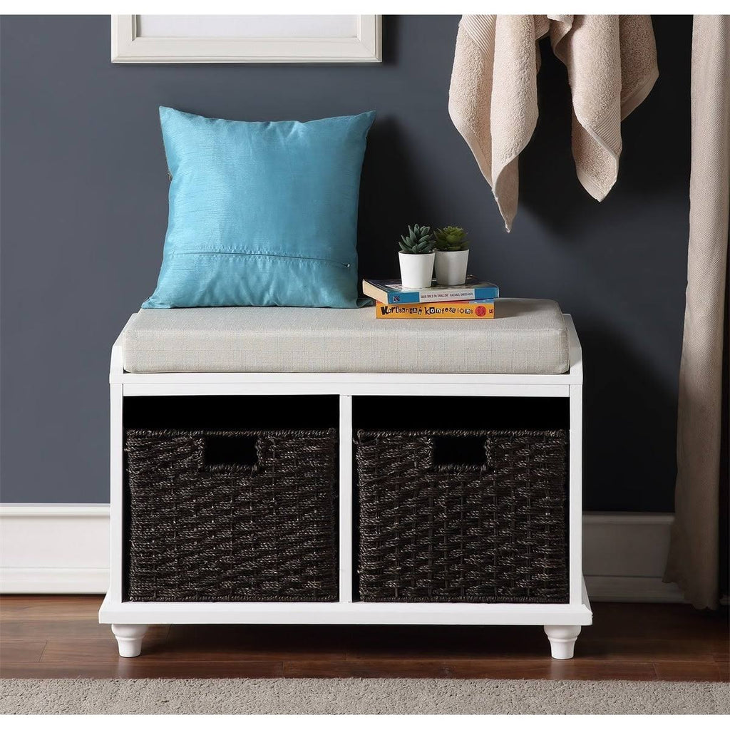 White Wood Storage Bench with 2 Woven Baskets F27569