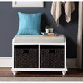 White Wood Storage Bench with 2 Woven Baskets F27569