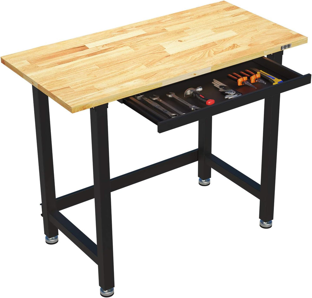 Work Bench with Drawer, 48 x 24 inch, Rubber Wood Top, Heavy-Duty Steel Frame X298852