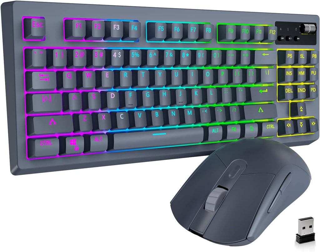 Wireless Mechanical Gaming Keyboard and Mouse, RGB Backlit Rechargeable 3600mAh, Brown Switch, Silver B86085