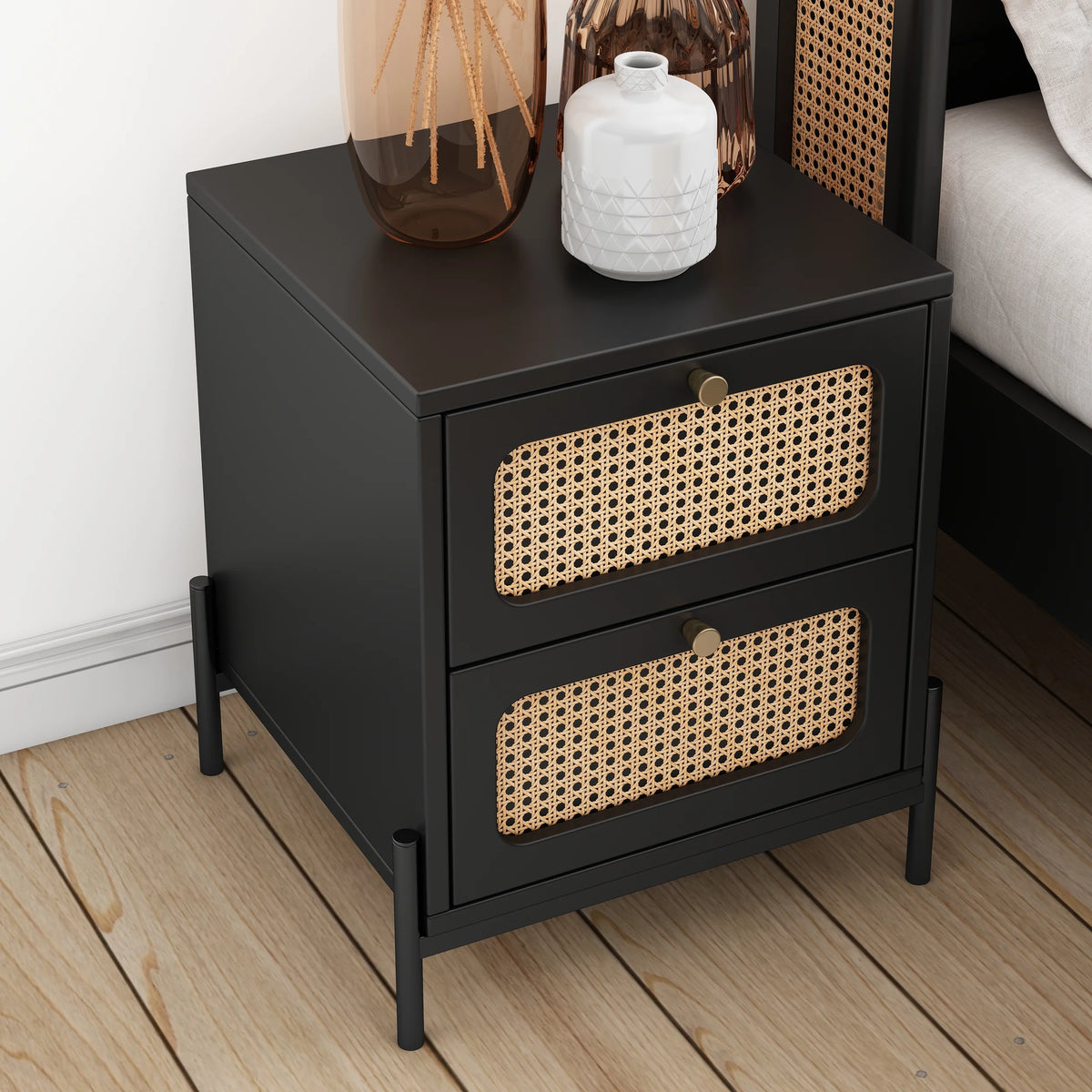 Black 2-Drawer Rattan Wood Side Table S461670