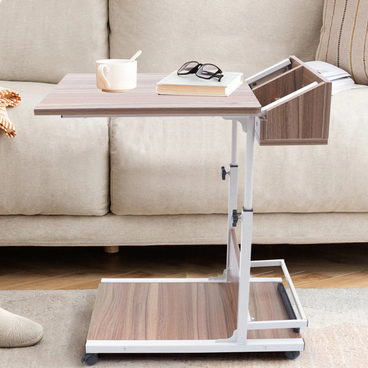 C Shaped Side Table with Storage & Wheels X47548