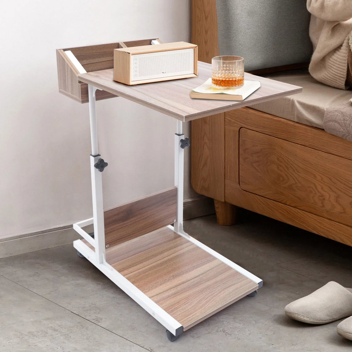 C Shaped Side Table with Storage & Wheels X47548