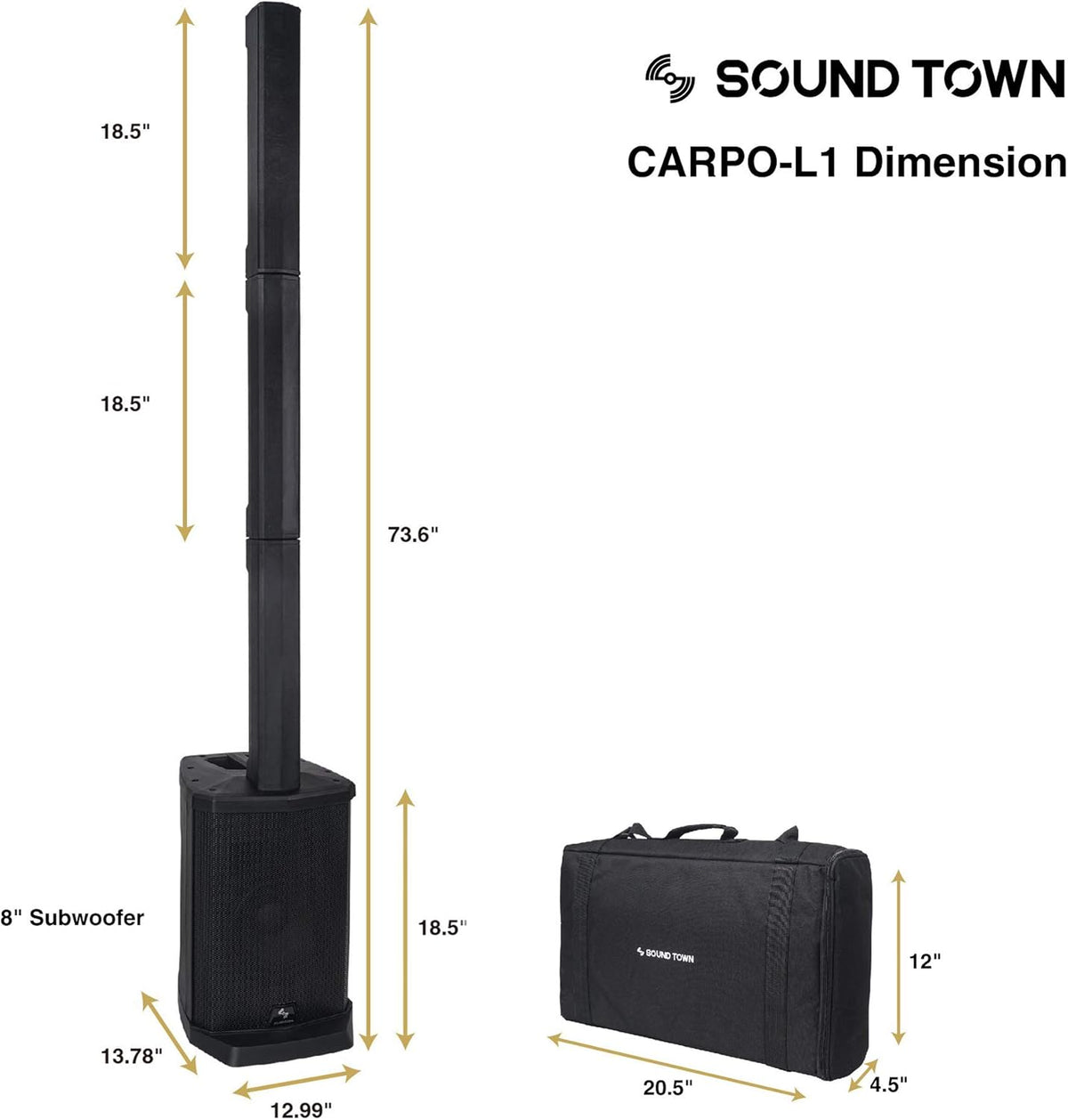 Portable Line Array PA System with Sub Bass Module, TWS Bluetooth, Built-in 3-channel Mixer, Carry Bag S626080