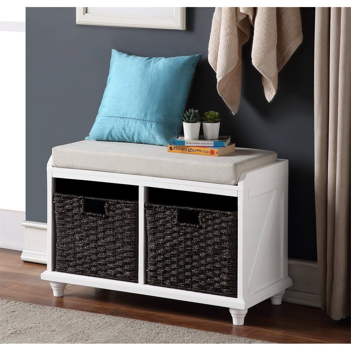 White Wood Storage Bench with 2 Woven Baskets F27569