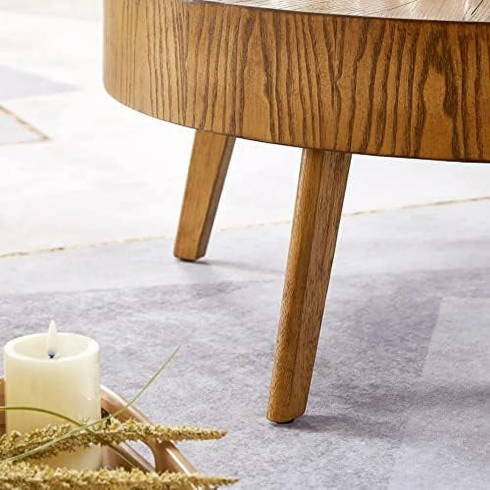 Set of 2 Round Solid Natural Oak Wood End Tables A4522