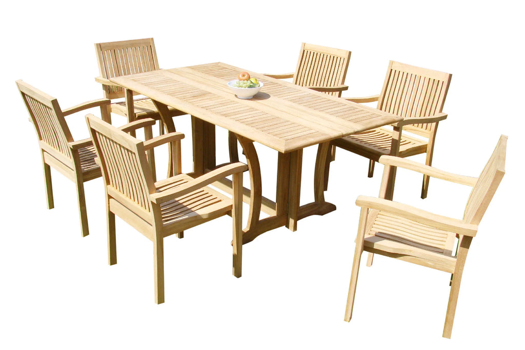 Teak 7 Pc Dining Set with Folding Table and 6 Stacking Arm Chairs C144