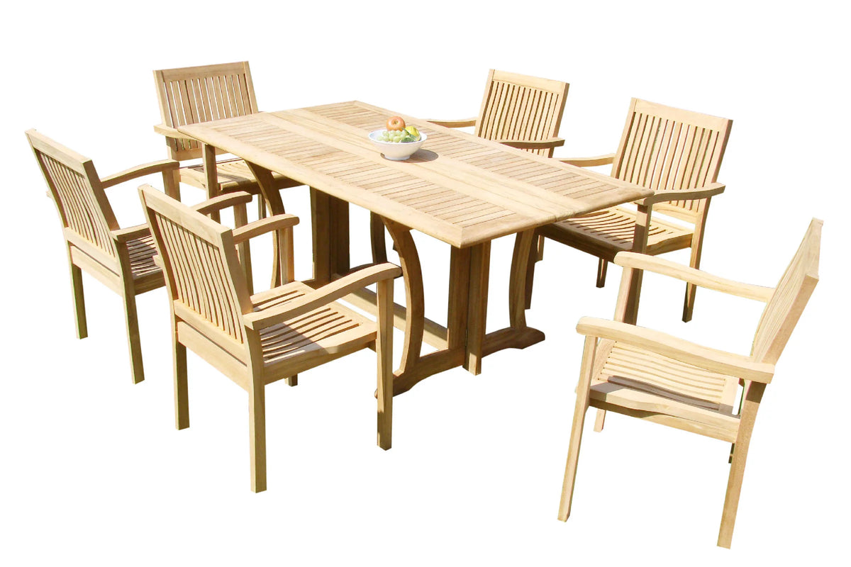 Teak 7 Pc Dining Set with Folding Table and 6 Stacking Arm Chairs C144