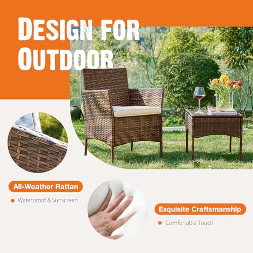 3 Pieces Wicker Rattan Patio Furniture Set with Cushion and Glass Table J98192