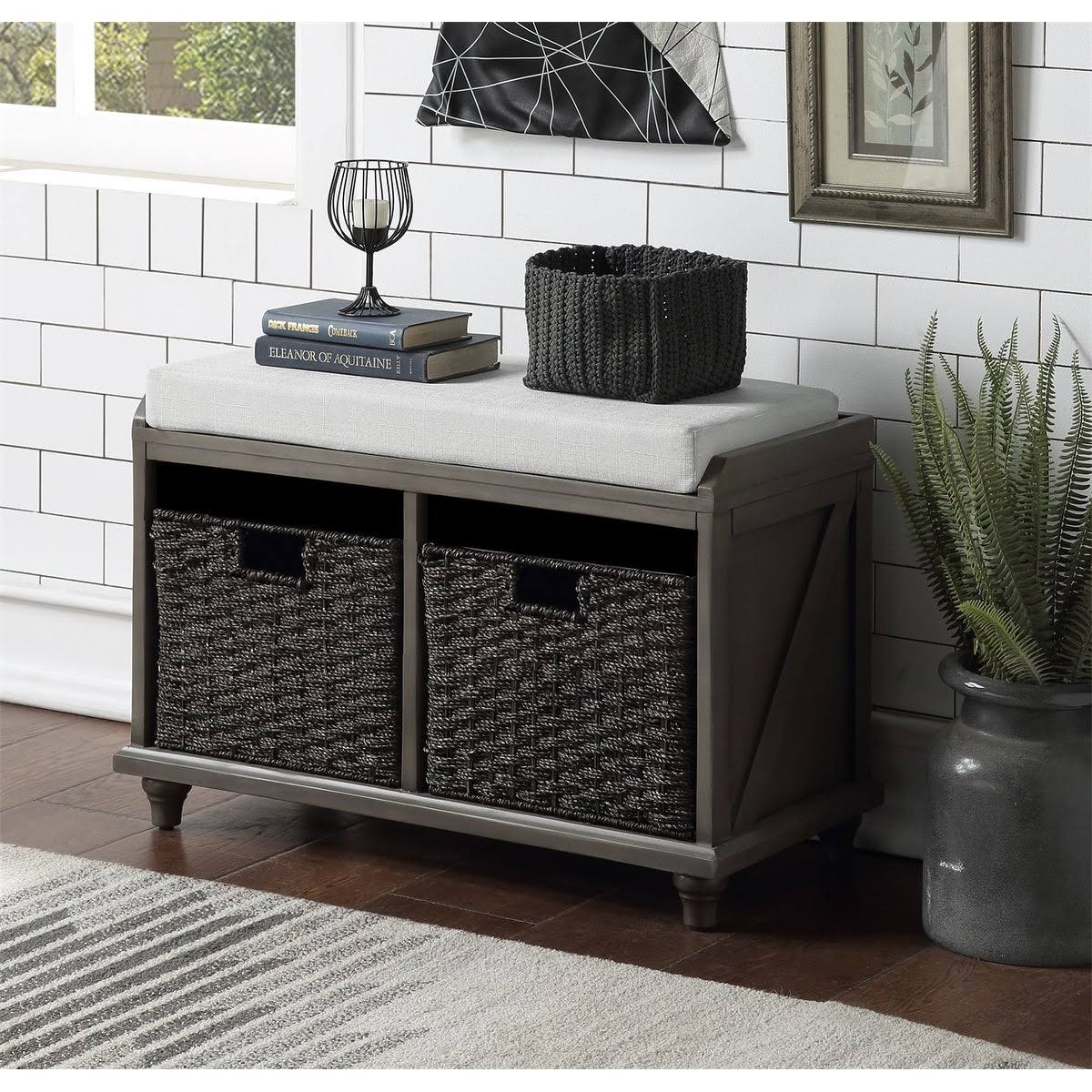 White Wood Storage Bench with 2 Woven Baskets F27569