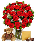 Two Dozen Long Stem Red Roses with Chocolates & Bear Y71256