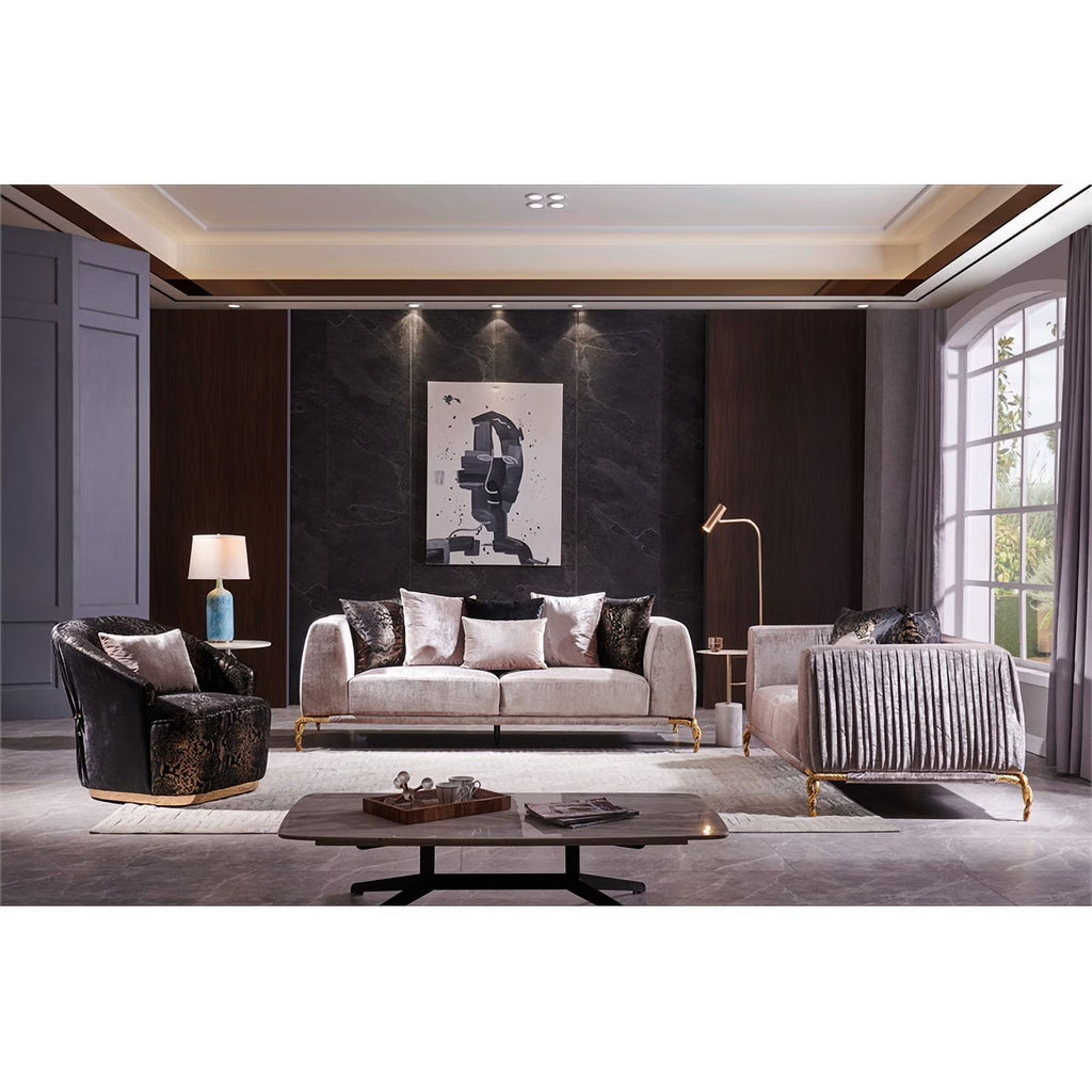 Ivory and Black Upholstered 3 PC Sofa Set S431