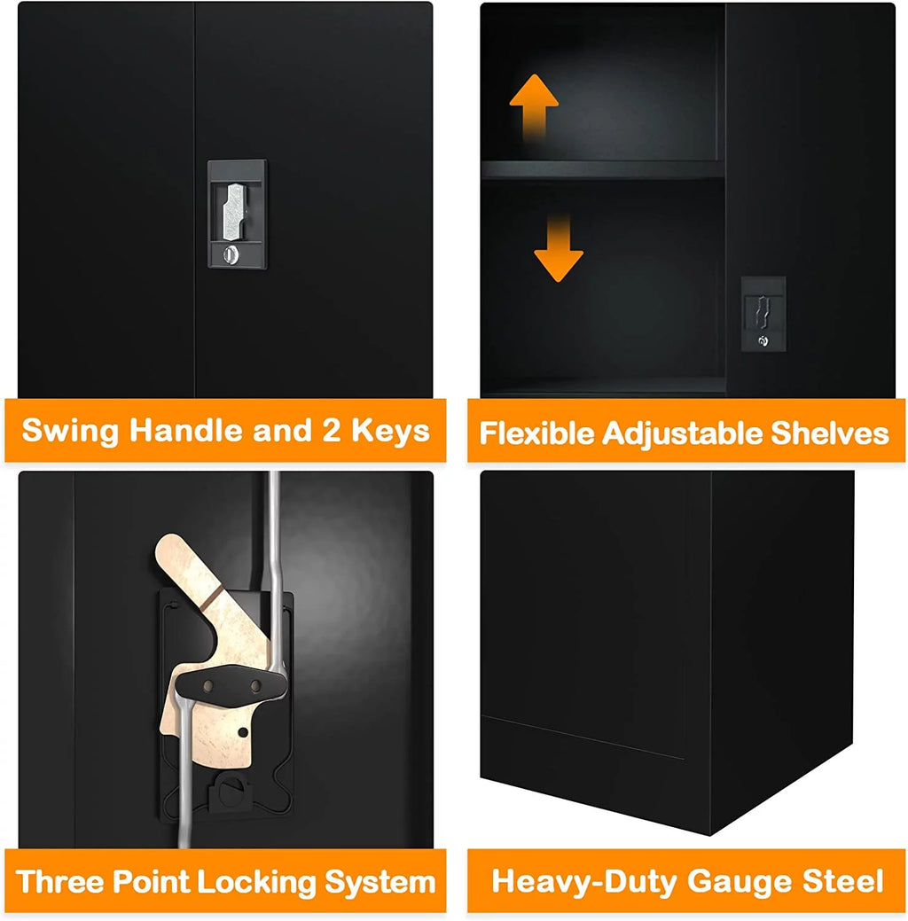 42-Inch Black Lockable Metal Storage Cabinet with Doors & 2 Adjustable Shelves W462
