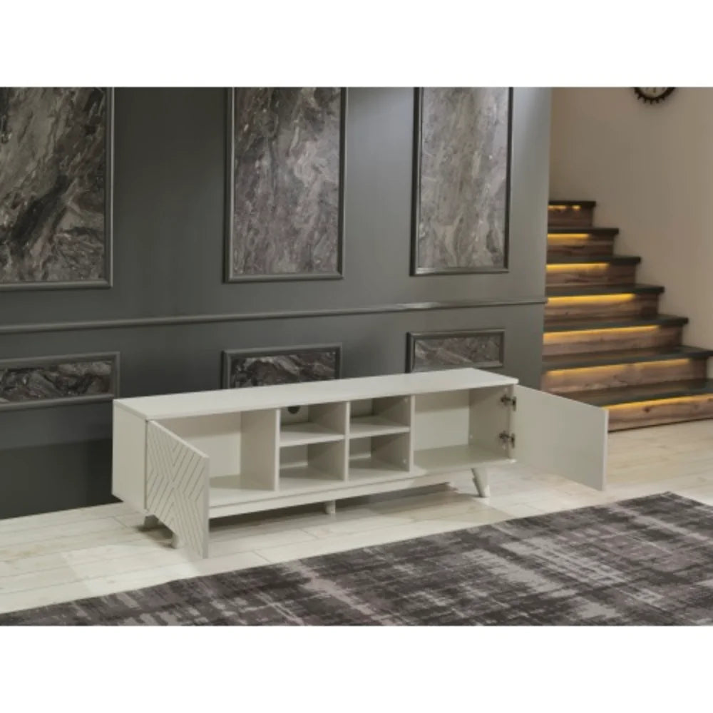Mid Century Modern Tv Stand 2 Door Cabinet 4 Cubby Hole Shelves 67 inch Tv Unit, Grey F219