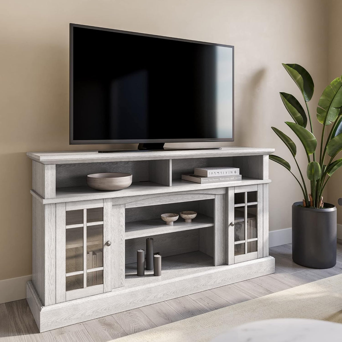 Rustic Wood TV Stand with Open Storage Shelves and Cabinets L104