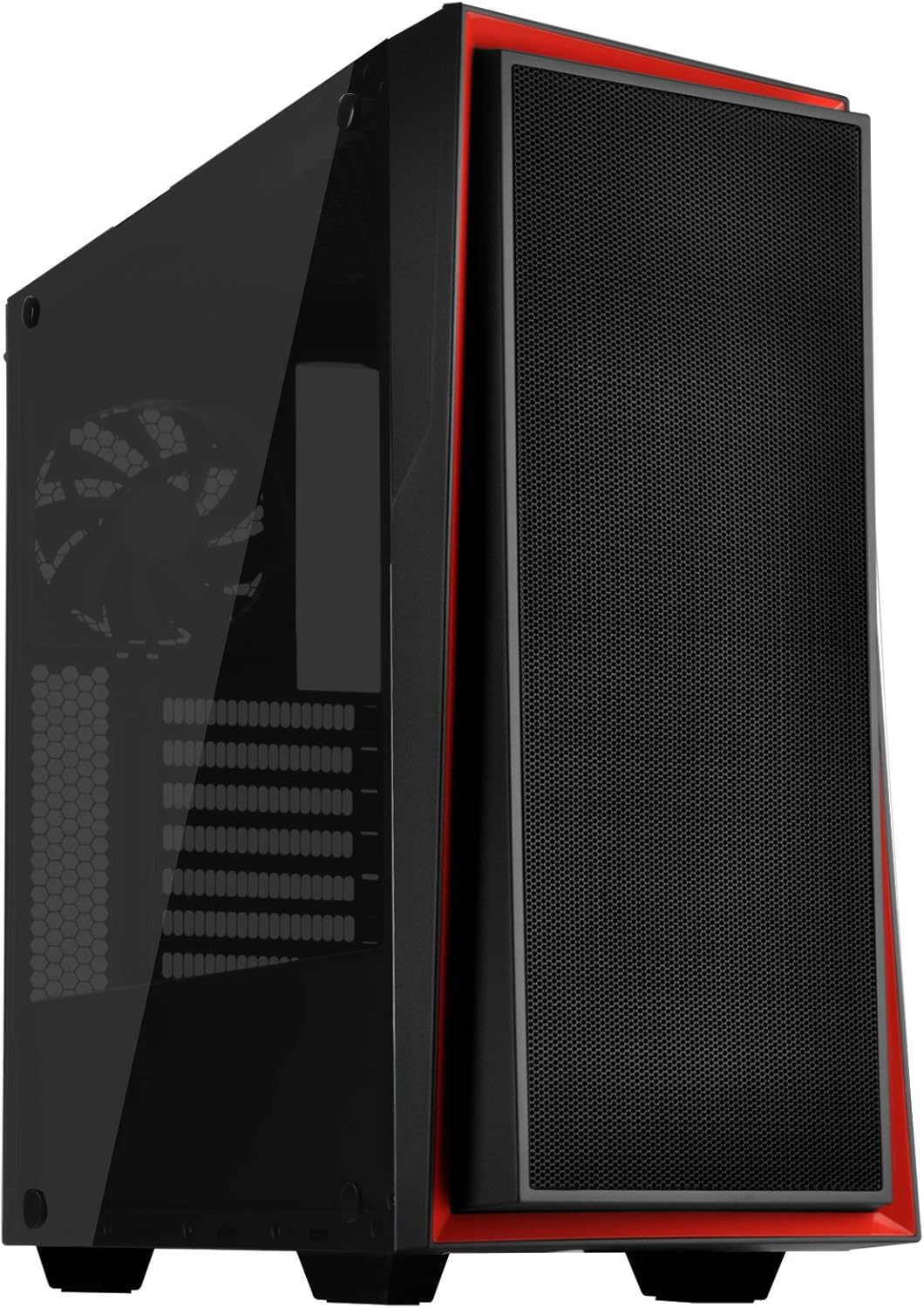 ATX Tower Computer Case with Three 120mm Red LED Intake Fans in Black and Red with Side Panel Window G3385
