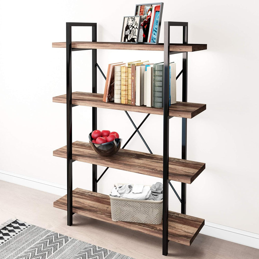 Vintage Brown 4-Tier Metal and Wood Bookshelf K4290