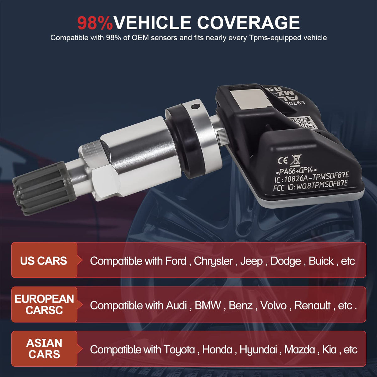 TPMS Sensor 315MHz+433MHz 2 in 1 Dual Frequency Tire Pressure Sensor Sets of 2 (Metal Valves) P191