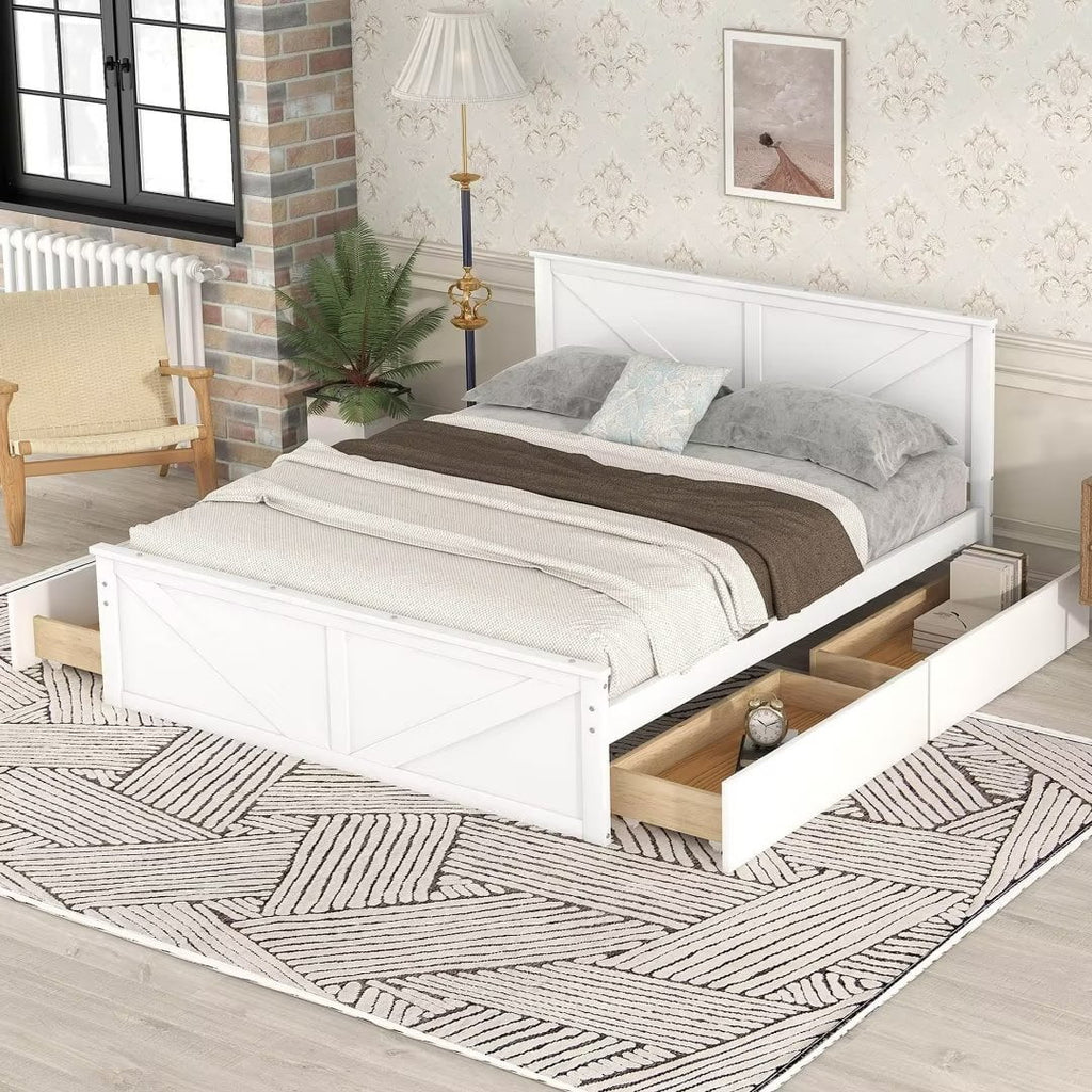 Queen Size White Wooden Platform Bed with 4 Storage Drawers Q94327