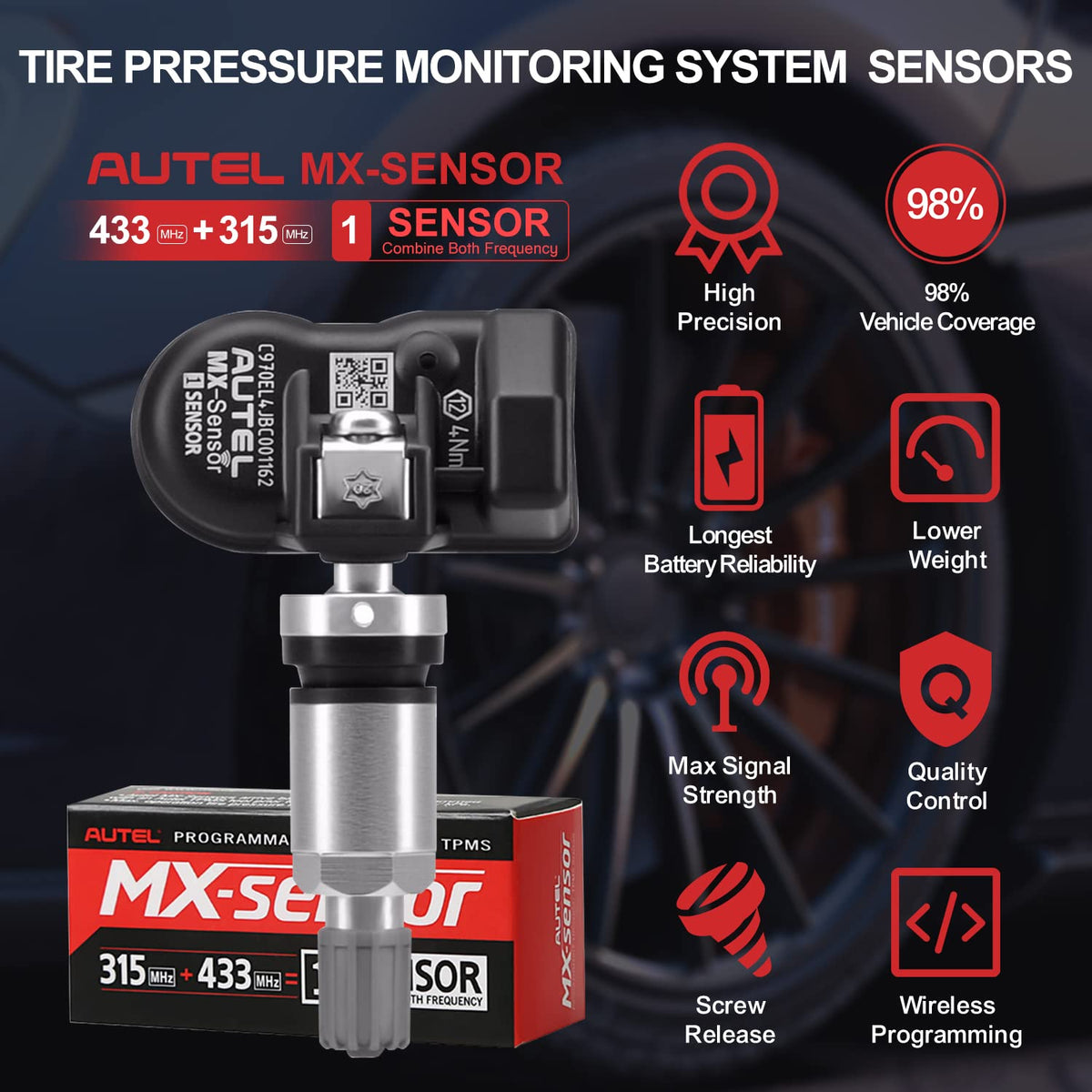 TPMS Sensor 315MHz+433MHz 2 in 1 Dual Frequency Tire Pressure Sensor Sets of 2 (Metal Valves) P191