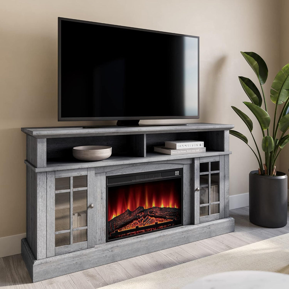 Rustic Wood TV Stand with Open Storage Shelves and Cabinets L104