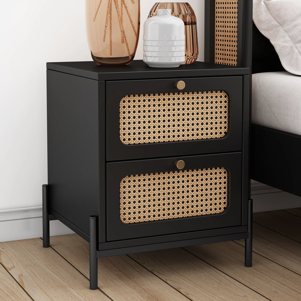 Black 2-Drawer Rattan Wood Side Table S461670